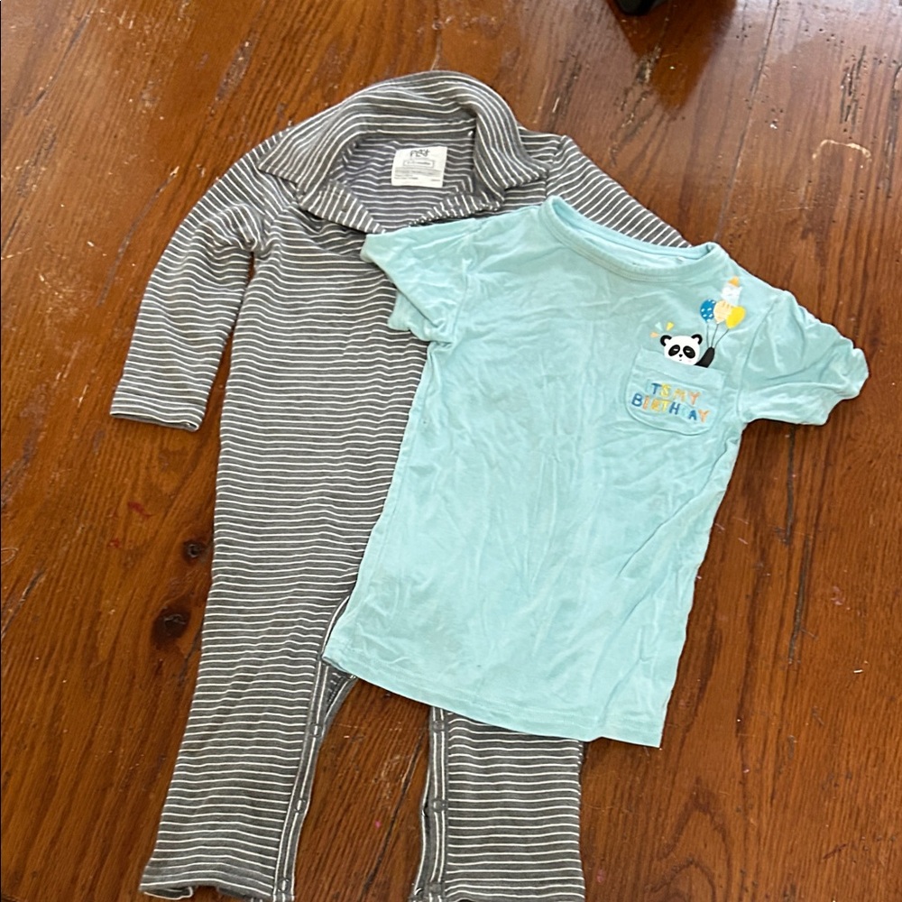 Little sleepies 6-12 months birthday shirt & striped long sleeve romper.